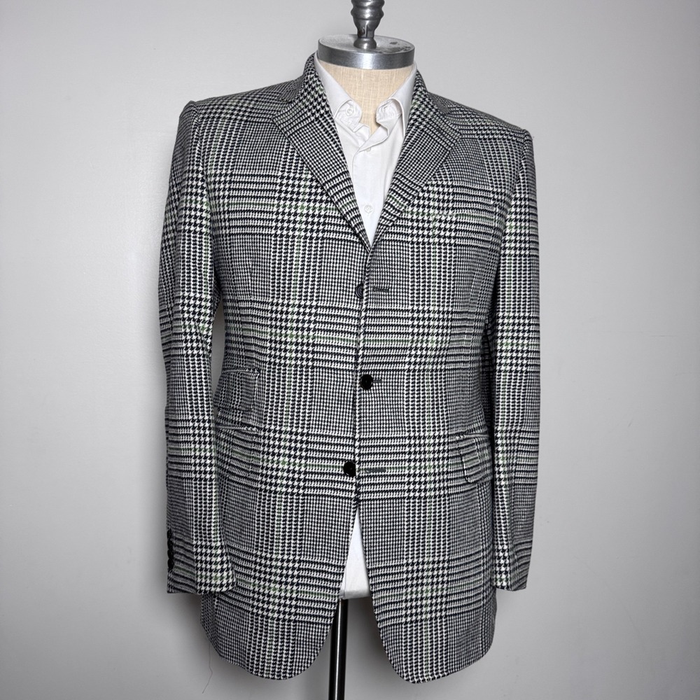 Etro Blazer Mens 44L Black White Green Glen Plaid Wool 3-Button Made in Italy